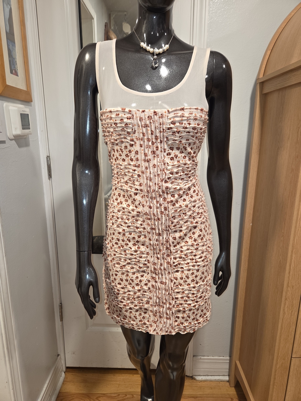 Free People Beautiful Cream Floral Ruched Mini Dress Sz L